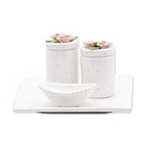 Kit Higiene Flores Branco Poa Rosa 4 pçs
