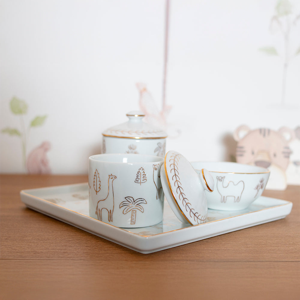 Kit Higiene Selva de Porcelana C/ Ouro 4 pçs