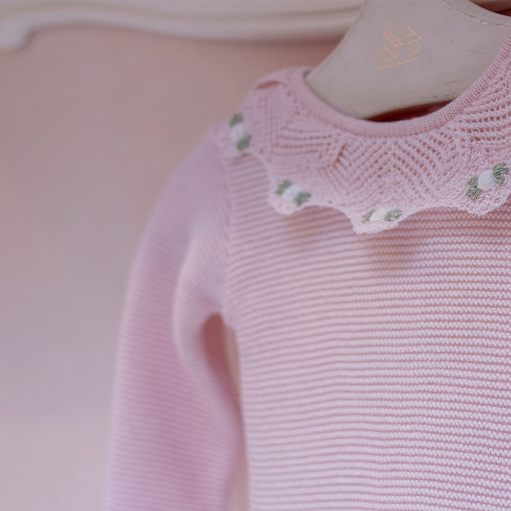 Kit Blusa + Calça Gola Bordado Flores Rosa Bebe ( PP )