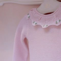 Kit Blusa + Calça Gola Bordado Flores Rosa Bebe ( PP )