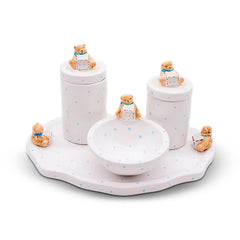 Kit Higiene Urso Cubo Poa Azul Bebe 4 Pçs