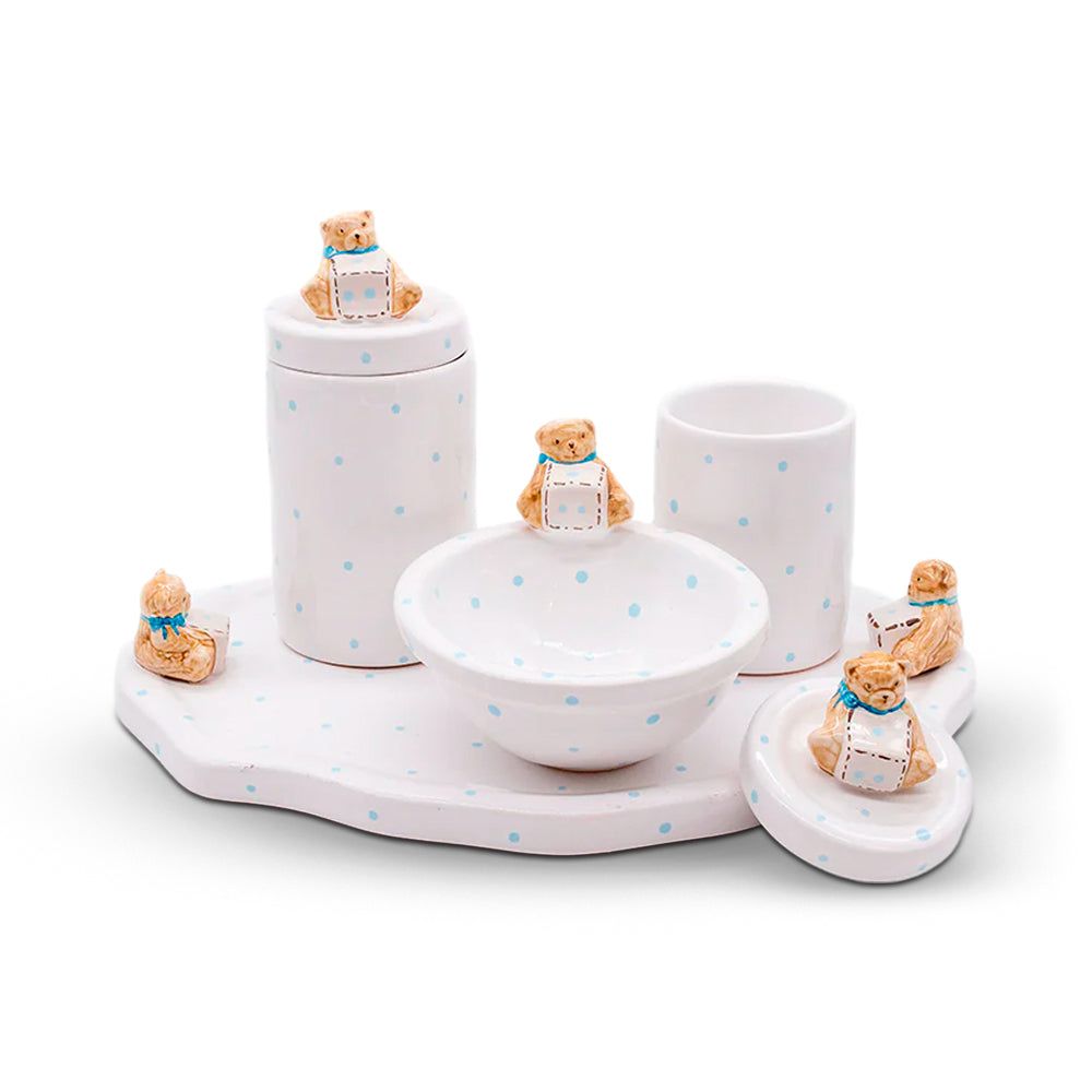 Kit Higiene Urso Cubo Poa Azul Bebe 4 Pçs