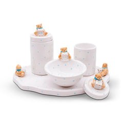 Kit Higiene Urso Cubo Poa Azul Bebe 4 Pçs