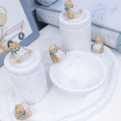 Kit Higiene Urso Cubo Poa Azul Bebe 4 Pçs