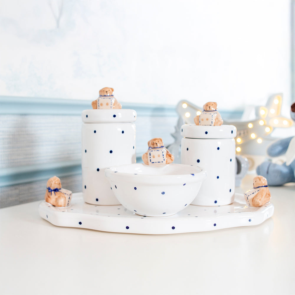 Kit Higiene Urso Cubo Poa Azul Escuro 4 pçs