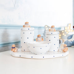 Kit Higiene Urso Cubo Poa Azul Escuro 4 pçs