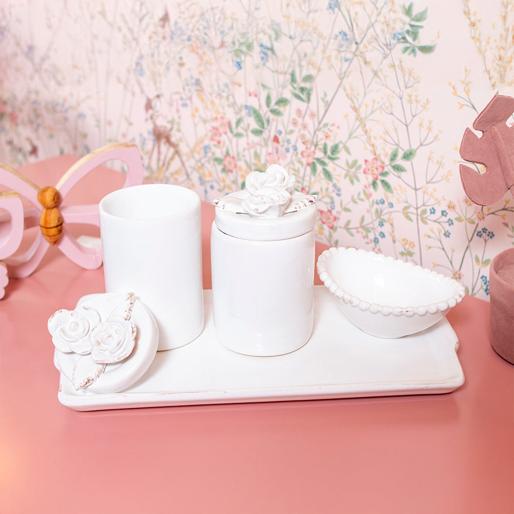 Kit Higiene Flores Branco Provençal 4 pçs