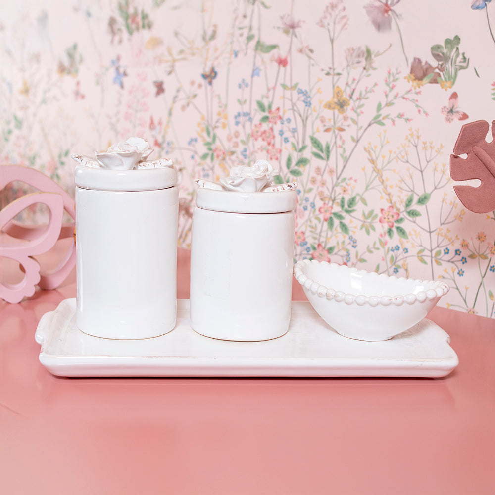 Kit Higiene Flores Branco Provençal 4 pçs