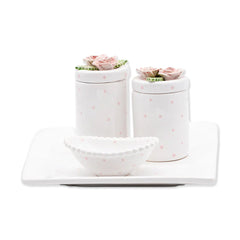 Kit Higiene Flores Branco Poa Rosa 4 pçs