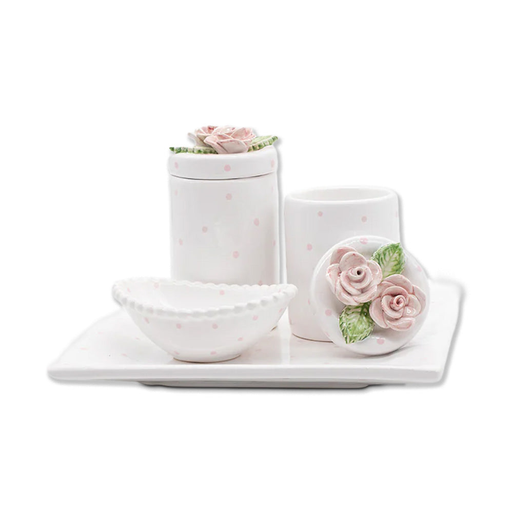 Kit Higiene Flores Branco Poa Rosa 4 pçs