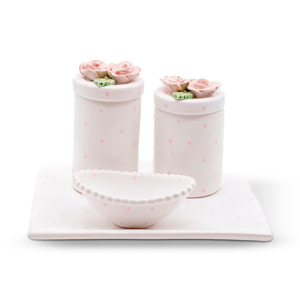 Kit Higiene Flores Branco Poa Rosa 4 pçs