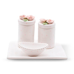 Kit Higiene Flores Branco Poa Rosa 4 pçs