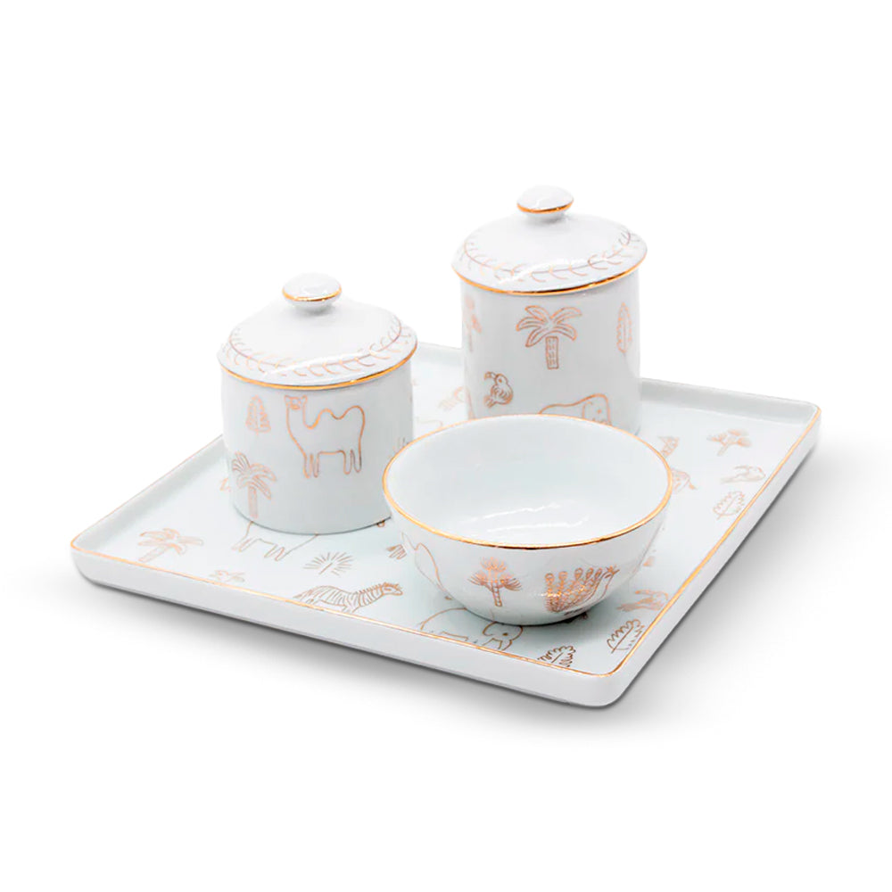 Kit Higiene Selva de Porcelana C/ Ouro 4 pçs