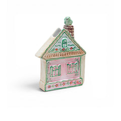 Enfeite De Prateleira Porcelana Casinha Com Passarinho Rosa