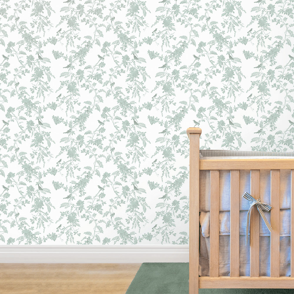 Papel Toile Pássaros Verde Celadon  ( Faixa 2.80 H )